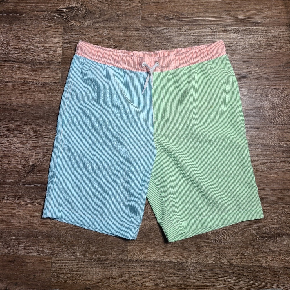 Lands' End Boys‎ Swim Trunks in Green Blue Red Seersucker Size XL 14-16
